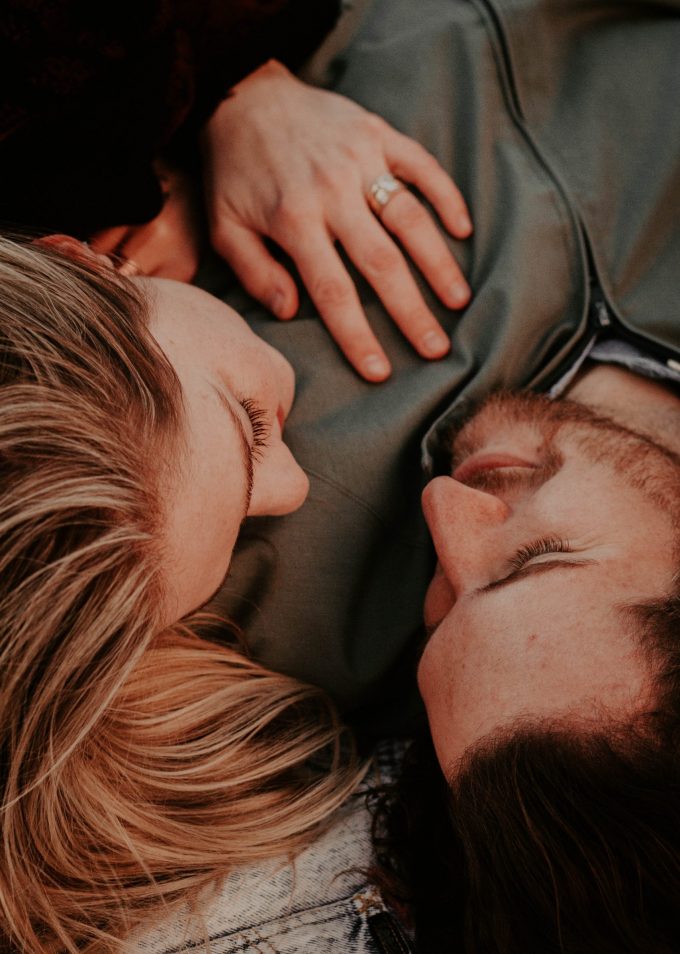 Man and woman looking at each other, top down view